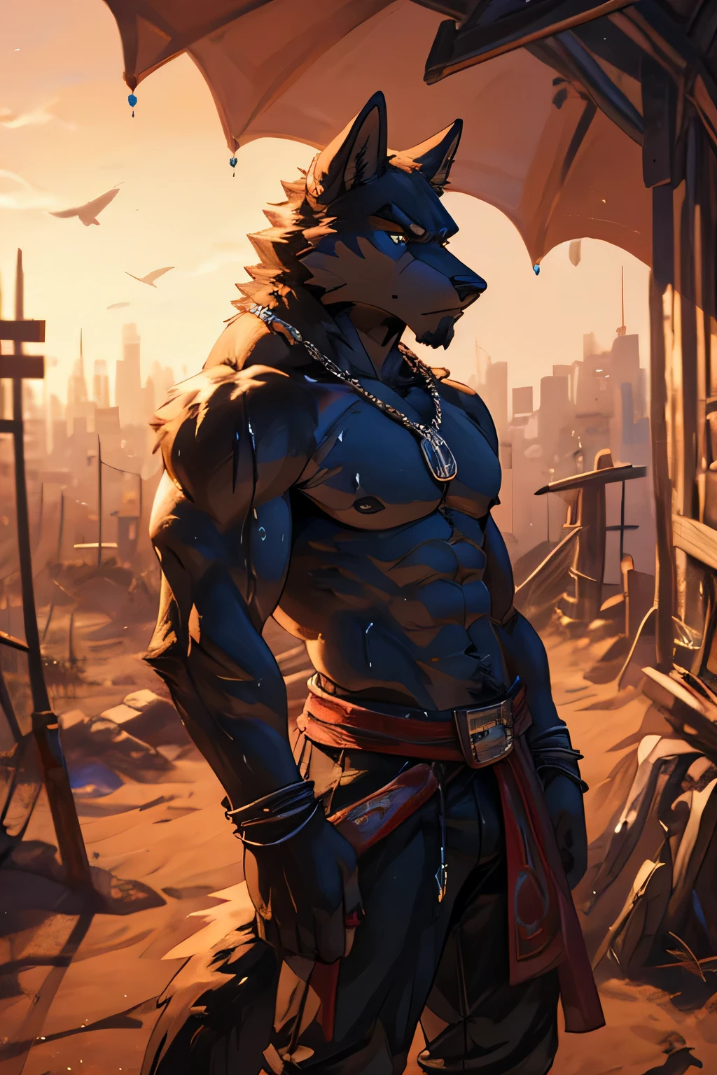 top quality, best quality, High-quality illustrations by Leonardo da Vinci, Chiaroscuro, Sfumato, masterpiece, depth of field(highly detailed beautiful face and eyes)absurdres, perfect anatomy, Werewolf, howling, red full moon, on cliff, fog(kemono, super handsome boy, solo focus, muscle, hero pose)(furry anthro)full body, wide shot,