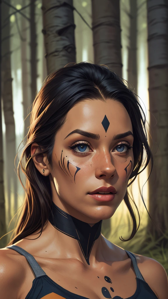 (obra de arte, Cartoon style digital illustration best quality, ultra realistic,32K,foto crua, Pele detalhada, 8k hd, dslr, alta qualidade, film grain:1.5), rule of thirds, Uma mulher extremamente bonita, Pale skin, cabelo ruivo, Guerreiro Celta, Weathered Blue War Face Paint Birch Forest, Sharp, bold focus, intrincado, pintura digital, Altamente detalhado, rosto altamente detalhado, soft lighting, vibrant colors Cartoon style digital illustration
