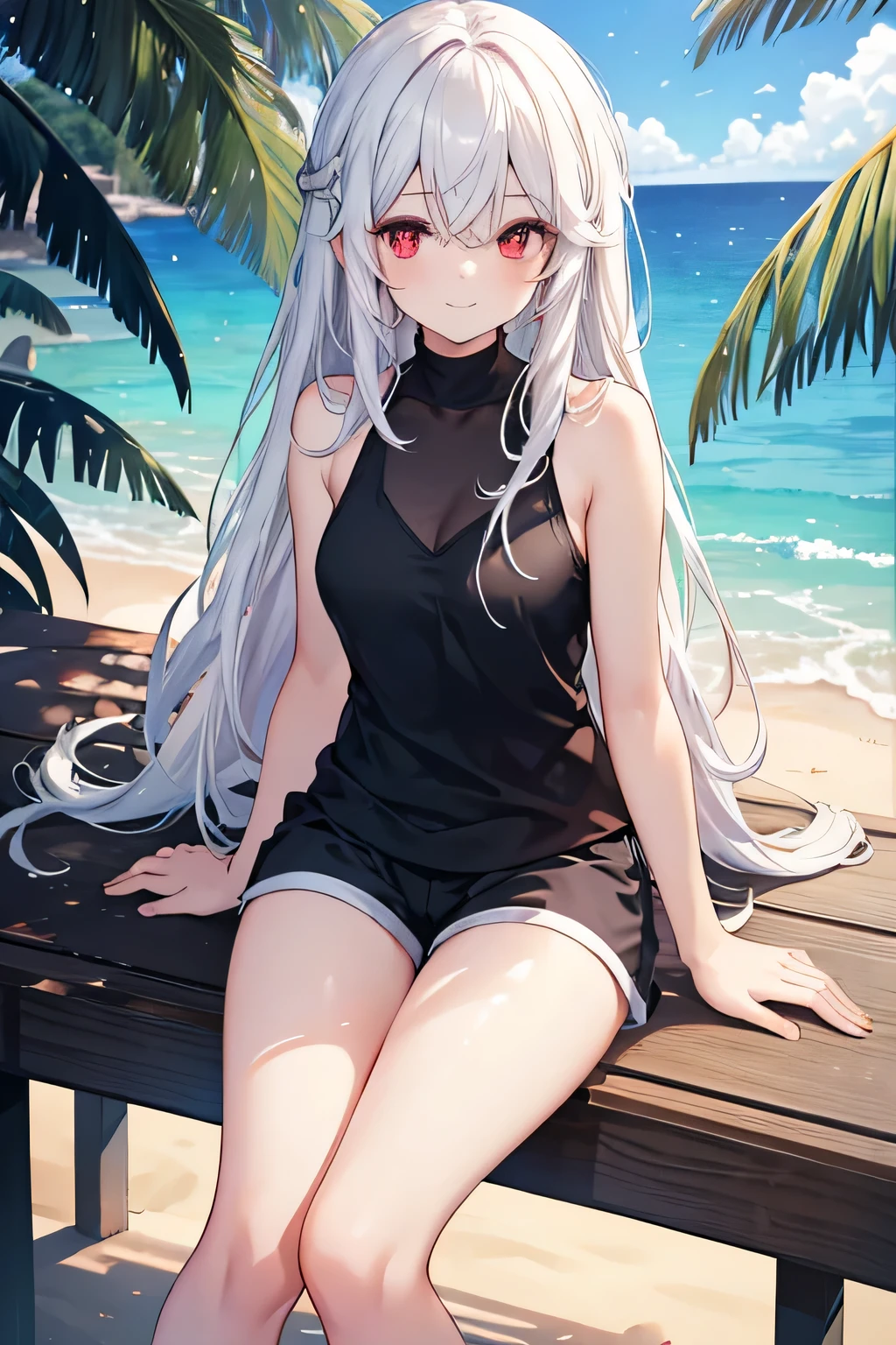 1girl, white hair, fox ears, fox tail, ***********, only in underwear, black stockings, ((red fringe)), kamiko, kamiko_kana, ((beach)), beach background