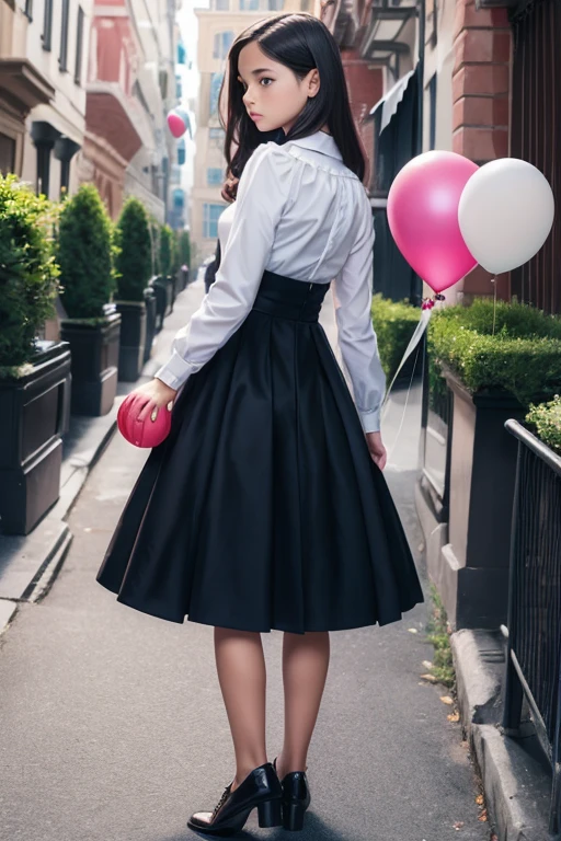 ((holding a ballon)), (((full body))), real photo, ************ girl, Brat female , ((looking back at me)), dress shoes,