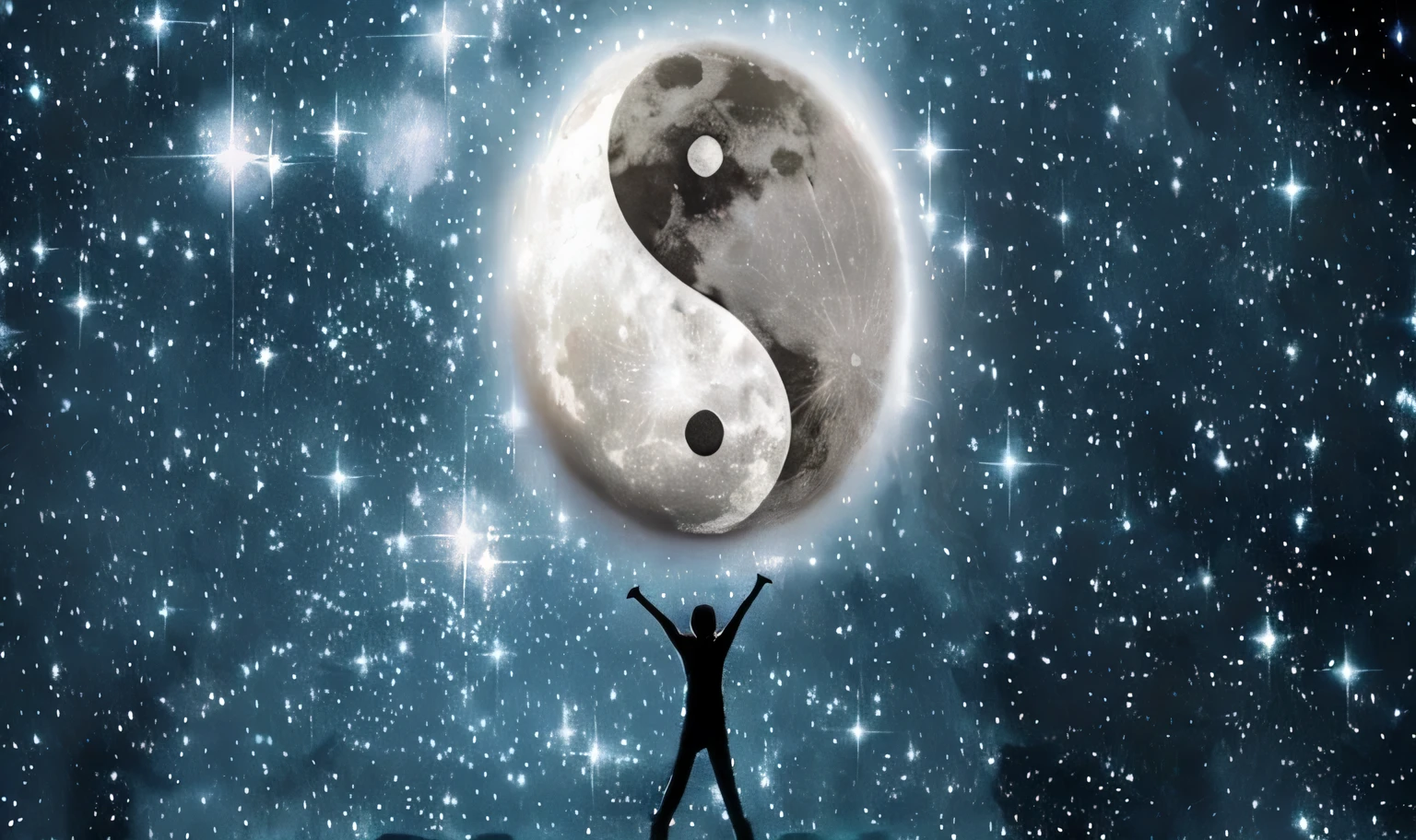 a person standing on a hill with their arms raised in the air in front of a full moon, ying and yang, ✨🕌🌙, yin yang, yinyang shaped, taoism, holding the moon upon a stick, standing on the moon, the moon presence, sitting on a moon, the moon cast on the man, god of moon, artistic depiction