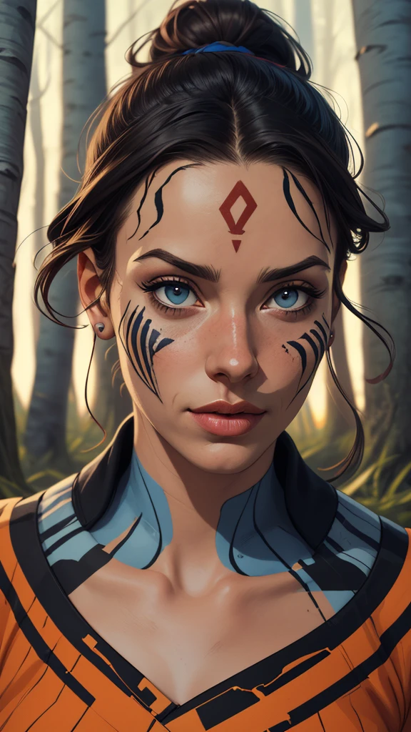 (obra de arte, Cartoon style digital illustration best quality, ultra realistic,32K,foto crua, Pele detalhada, 8k hd, dslr, alta qualidade, film grain:1.5), rule of thirds, Uma mulher extremamente bonita, Pale skin, cabelo ruivo, Guerreiro Celta, Weathered Blue War Face Paint Birch Forest, Sharp, bold focus, intrincado, pintura digital, Altamente detalhado, rosto altamente detalhado, soft lighting, vibrant colors Cartoon style digital illustration