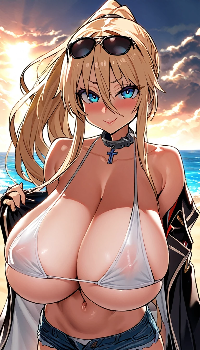 bismarck \(azur lane\), \(azur lane\), 1girl, (ponytail), masterpiece, best quality, highres, huge breasts, covered nipples, erect nipples, looking at viewer, blush, smile, cleavage, bare shoulder, collar bone, see-through_bikini, white bikini, black_coat sleeves_past_wrists, open clothes, black choker, cleavage, eyewear on head, sunglasses, denim shorts, skinny, posing, beach on a sunny day, blue clear ocean, clouds, backlighting