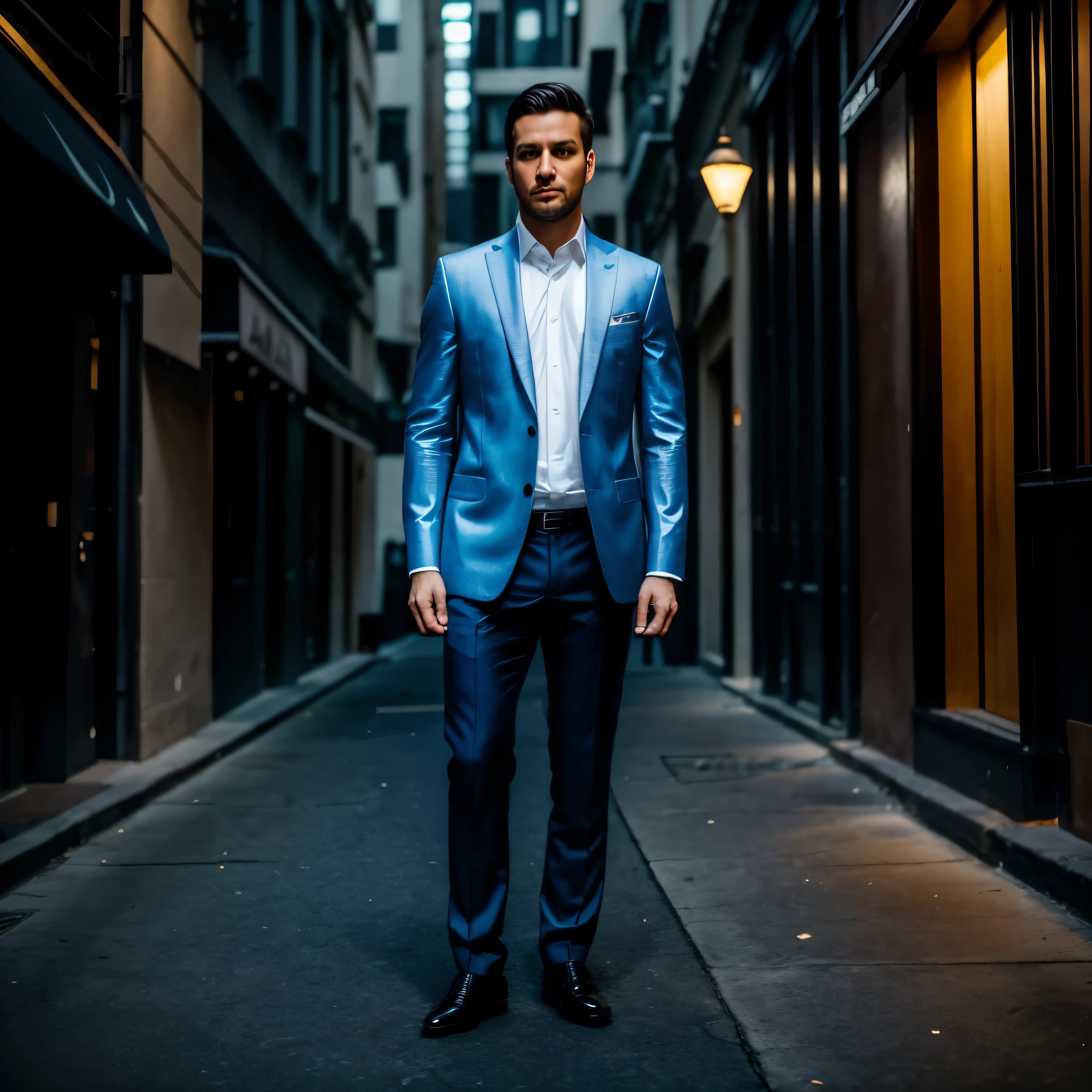 White and gold flashy outfit, 35-year-old male, Straight face, Facing the viewer of the photo, Fix your eye on the lens, The photo shows the whole body from head to toe., The man in the center of the picture, 8k, highest quality, Master Parts, Realistic, Realistic photo, movie pictures, Ultra-realistic, 1 person, be familiar with, Perfect lighting, DSRL, Professional photos,highest quality, 超A high resolution, (Reality: 1.8),Street fashion、