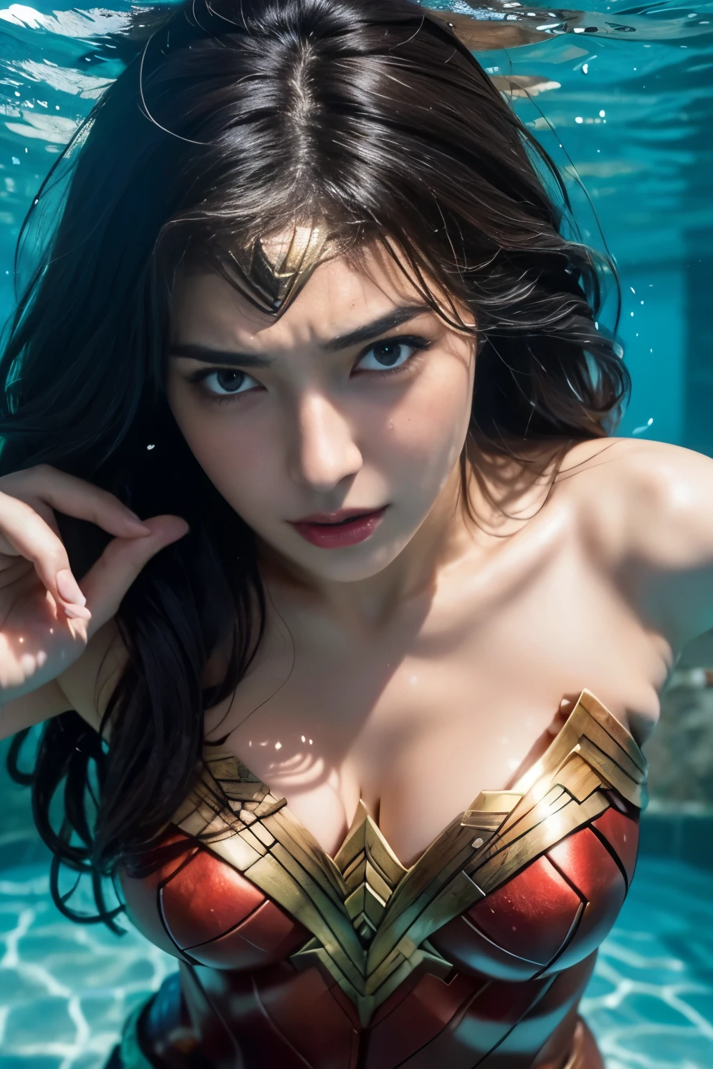 Underwater,perfect wonder woman costume,whole body,Head held underwater,In the pool沈む,Drowning in the pool,Face submerged Underwater,Underwaterに潜る,Submerge your face Underwater,In the pool,inside the fountain,Soaked Underwater,Soaking wet wonder woman,sleeping face,close ~ eye,Open your mouth,Tired face,face of suffering,sleeping face,Soaking wet hair,Wet Hair,Wet body,Fight with the men,Surrounded by men,,caught between men,licked by a man,Entanglement with men, Attacked by men,assaulted by men,being bullied by a man,Sexually abused by a man,Captured by a man,Being restrained by a man、touch your face,、Hair is pulled hard,My head is grabbed,Grab my head,brown hair,  masterpiece、beautiful girl、fine eye、puffy eye、highest quality, 超High resolution, (reality: 1.4), Cinema Lighting,so beautiful、Beautiful Skin、(超reality的な)、(High resolution)、(8k)、(Very detailed)、(beautiful and fine eye)、(Very detailed)、 Detailed face、slanted bangeshi hair、brown hair、20-year-old、Wonder Woman Cosplay