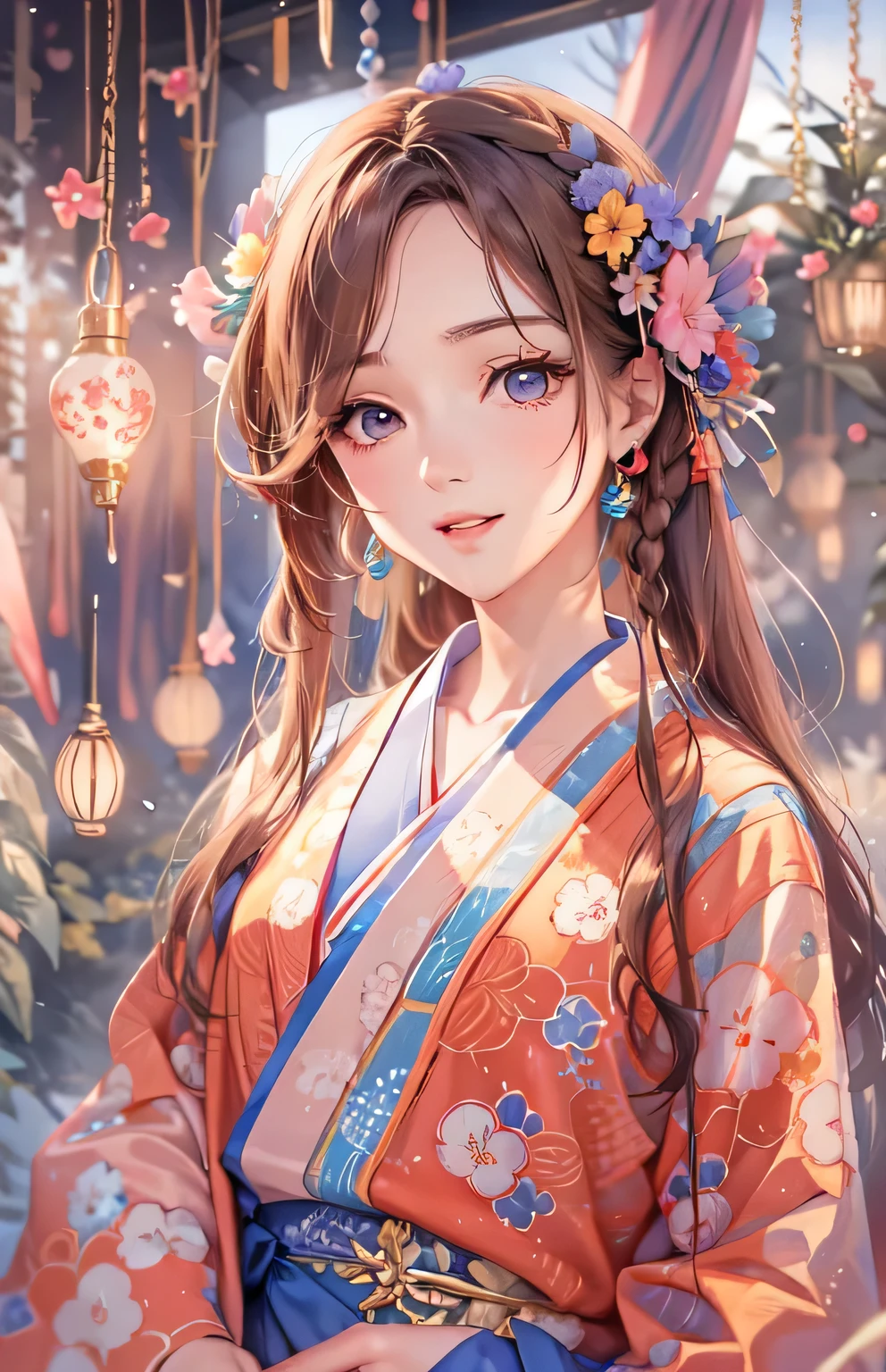 ((highest quality)), ((masterpiece)), (Get used to it), masterpiece、highest quality、High resolution、High-quality images、8k, 1 female、Skin Radiance、Texture of skin and clothing、Expression of fine eyes、Shiny light light brown hair,Girl with long braided hair, Manga inspired by Lee Jong-suk, Trending on deviantart, realism, detailed manga style, Manga art style, Perfect Line Drawing, Beautiful line art, digital manga art girl, K-POPアイドル, Perfect Face , Adult female , yukata , Summer festival , wind chime ,