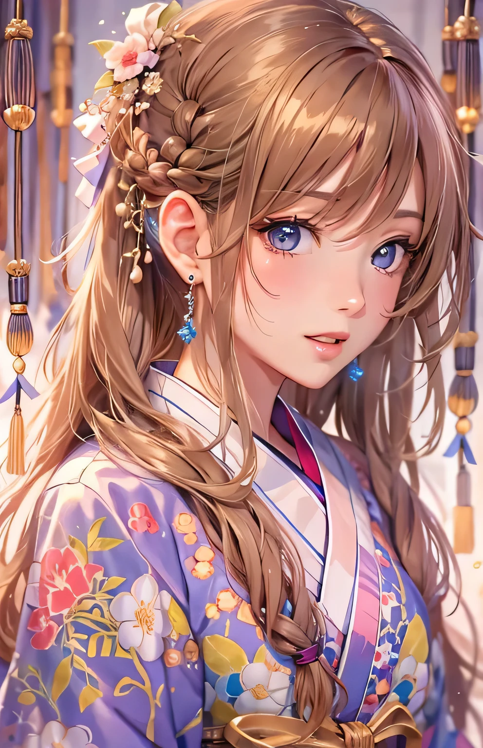 ((highest quality)), ((masterpiece)), (Get used to it), masterpiece、highest quality、High resolution、High-quality images、8k, 1 female、Skin Radiance、Texture of skin and clothing、Expression of fine eyes、Shiny light light brown hair,Girl with long braided hair, Manga inspired by Lee Jong-suk, Trending on deviantart, realism, detailed manga style, Manga art style, Perfect Line Drawing, Beautiful line art, digital manga art girl, K-POPアイドル, Perfect Face , Adult female , yukata , Summer festival , wind chime ,