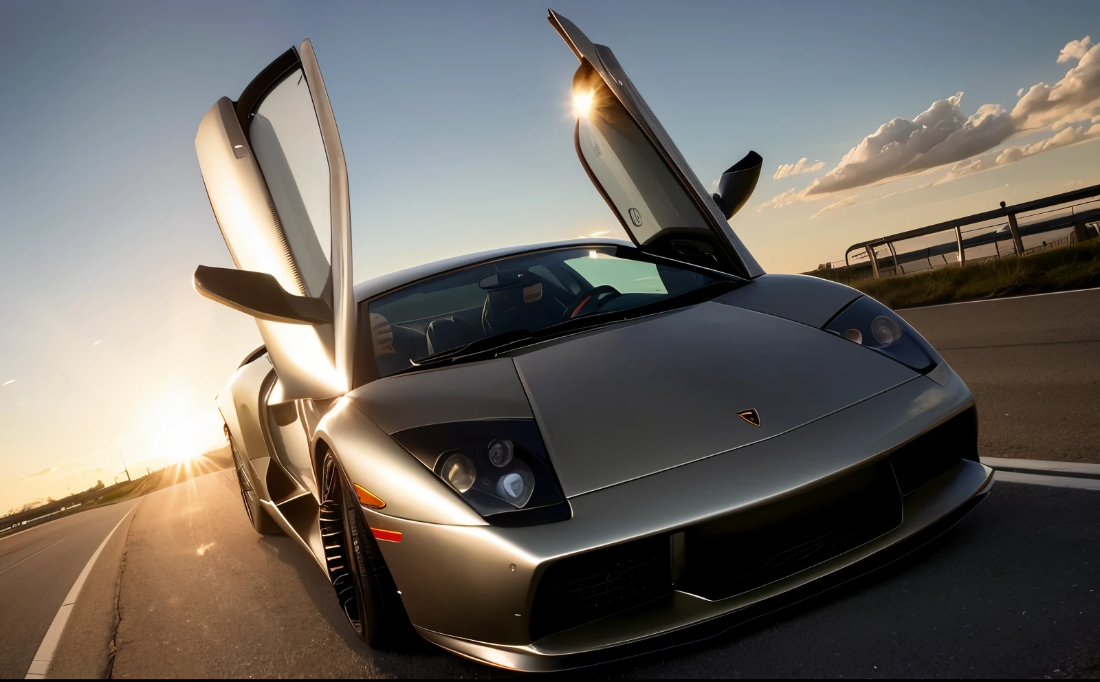 lamborghini murcielago driving in miami street, [carhelper:photohelper], Retrofutur, motion blur, CinemaHelper, Chrome reflections, sun flare, Extremely detailed, Intricate details