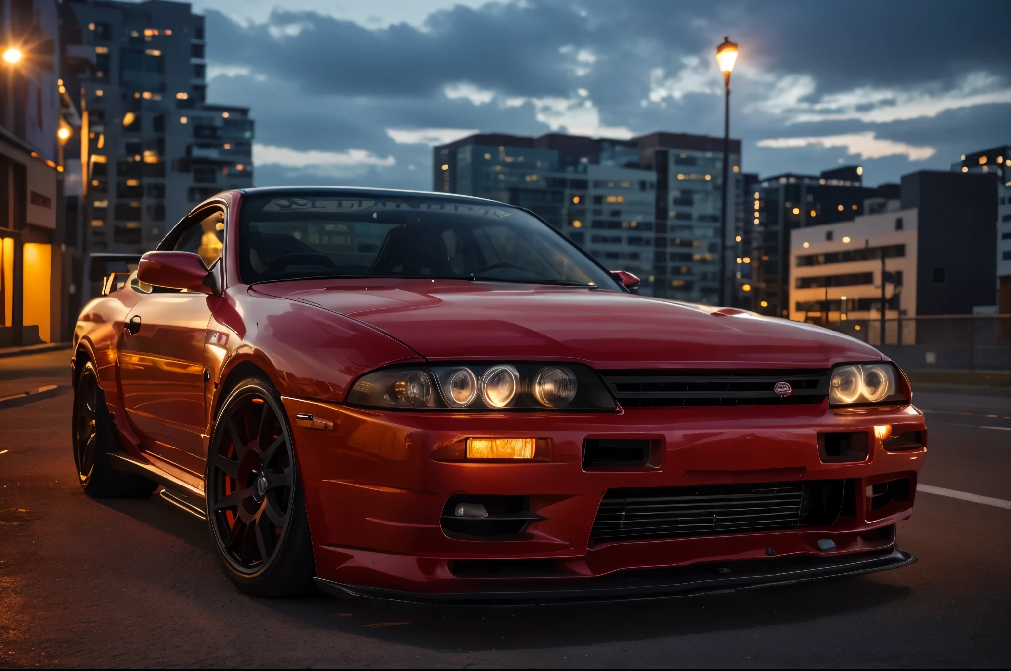 (best quality,4k,8k,highres,masterpiece:1.2),ultra-detailed,(realistic,photorealistic,photo-realistic:1.37), HDR, UHD, studio lighting, ultra-fine painting, sharp focus, physically-based rendering, extreme detail description, professional, vivid colors, bokeh, cyberpunk, tuner car nissan silvia, front side view, neo Tokyo landscape, buildings, night surroundings.
