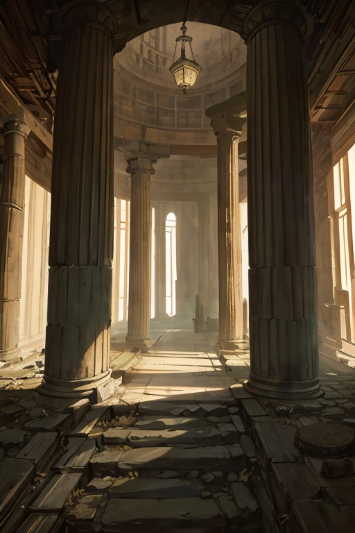 very tall narrow rotunda with walls covered by shelves, ((ancient scrolls)), ((dark)), cold, old, delapidated, ruin, frog perspective
