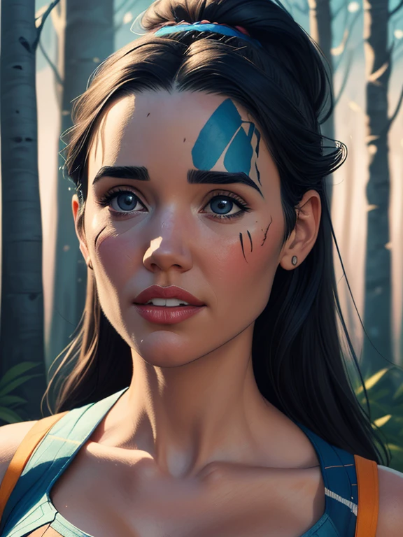 (obra de arte, Jennifer Connelly style Cartoon style digital illustration best quality, ultra realistic,32K,foto crua, Pele detalhada, 8k hd, dslr, alta qualidade, film grain:1.5), rule of thirds, Uma mulher extremamente bonita, Pale skin, cabelo ruivo, Guerreiro Celta, Weathered Blue War Face Paint Birch Forest, Sharp, bold focus, intrincado, pintura digital, Altamente detalhado, rosto altamente detalhado, soft lighting, vibrant colors Cartoon style digital illustration Jennifer Connelly Cartoon style digital illustration