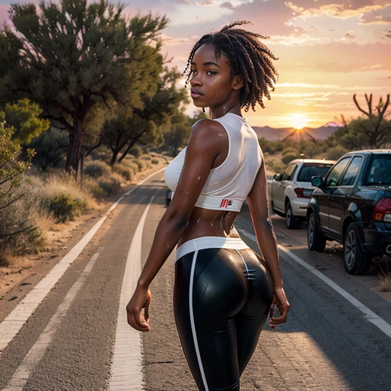 (best quality:1.5), (hyper-realistic:1.5), (masterpiece:1.2), 22 year old toned zimbabwean woman, curly short yellow haired, hazel eyed, ebony skin, wet oily body, sweaty soaked hair, white tight spandex shirt, white tight spandex short pants, walking outside in a desertic road, sunset scenery, red sky scenery, small ass, side view, toned abs, toned arms, toned legs