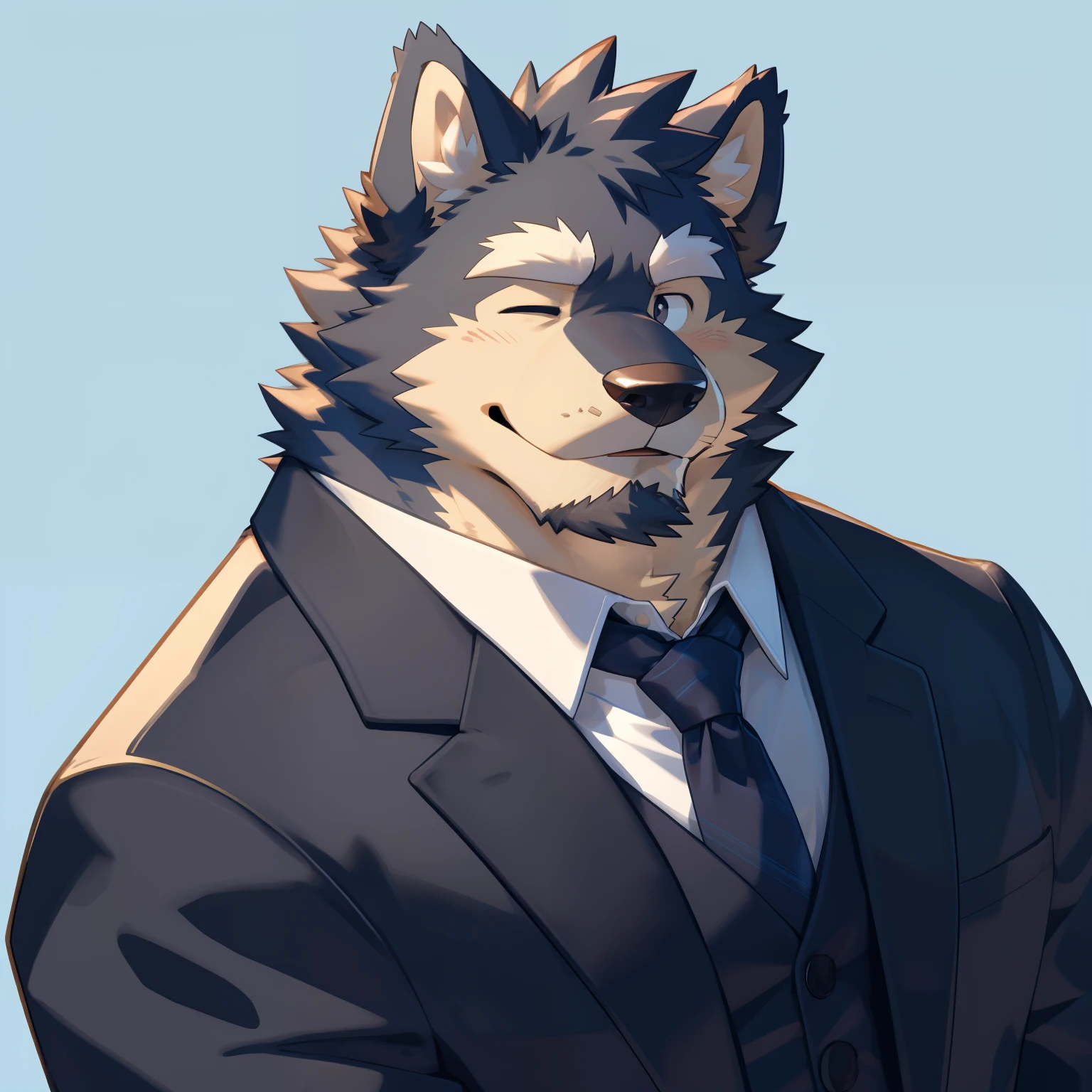 Scribble 德国牧羊dog face,Cute face,Humanity(dog),(Suit:1.3),Chubby,(white eyebrows:1.1),（With one eye closed:1.2）,(perfect black eyes),Simple background, Blue Background,print style。（Artist:Takemoto Arashi）