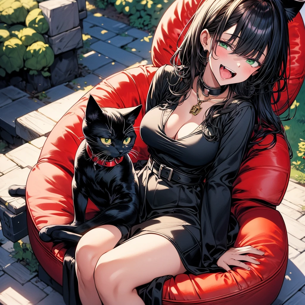 masterpiece, high quality, highres, absurdres, anime style, hentai style, moe style, ultra-detailed, 8k, 1girl, portrait, colourful eyes, black hair, cat girl, cat ears, sexy body, sitting, open mouth happy, large breasts, green eyes, smile, red dress, cleavage, thighs, sitting on a red beanbag chair