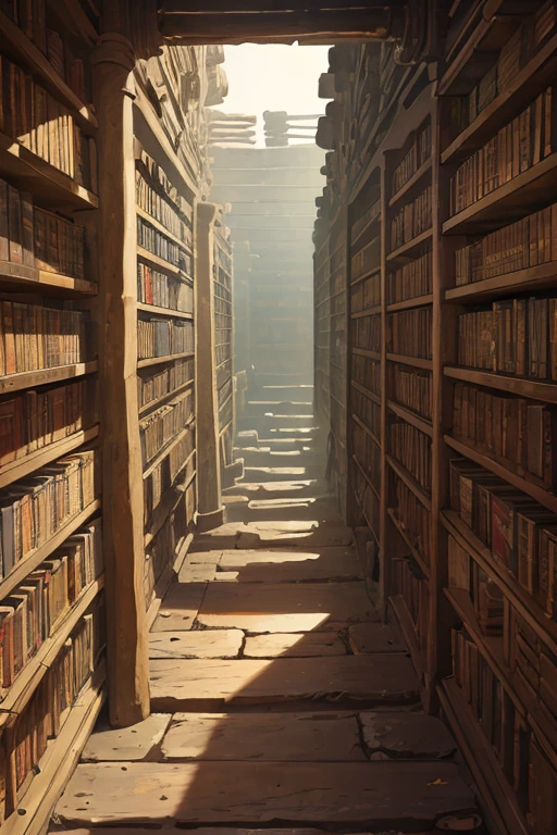 a dark long narrow vertical stone shaft covered with shelves, ((ancient scrolls)) on the shelves