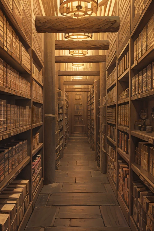 a dark long narrow vertical stone shaft covered with shelves, ((ancient scrolls)) on the shelves