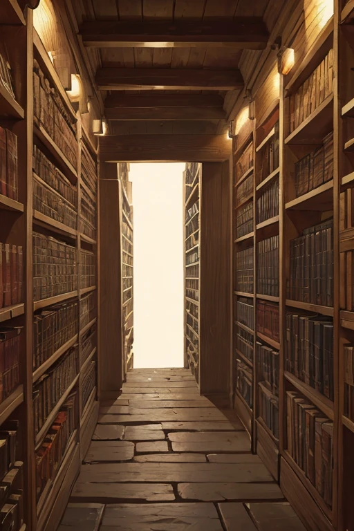 a dark long narrow vertical stone shaft covered with shelves, ((ancient scrolls)) on the shelves
