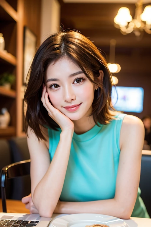 ((highest quality)), ((masterpiece)), (Familiar), Perfect Face, masterpiece、highest quality、High resolution、wallpaper、Realistic、Bright lighting、Professional Lighting、Face Light、smooth lighting、Japanese women、20th Gen Midplate、so beautiful、Beautiful Skin、Beautiful and detailed、Familiar顔、slim、moderately、short hair、Brunette colored hair、Brown eyes、Looking at the camera、Cafe sofa、 commercial photography, Beautiful Instagram Influencer Girls, The best smile,Daytime、Work on your computer