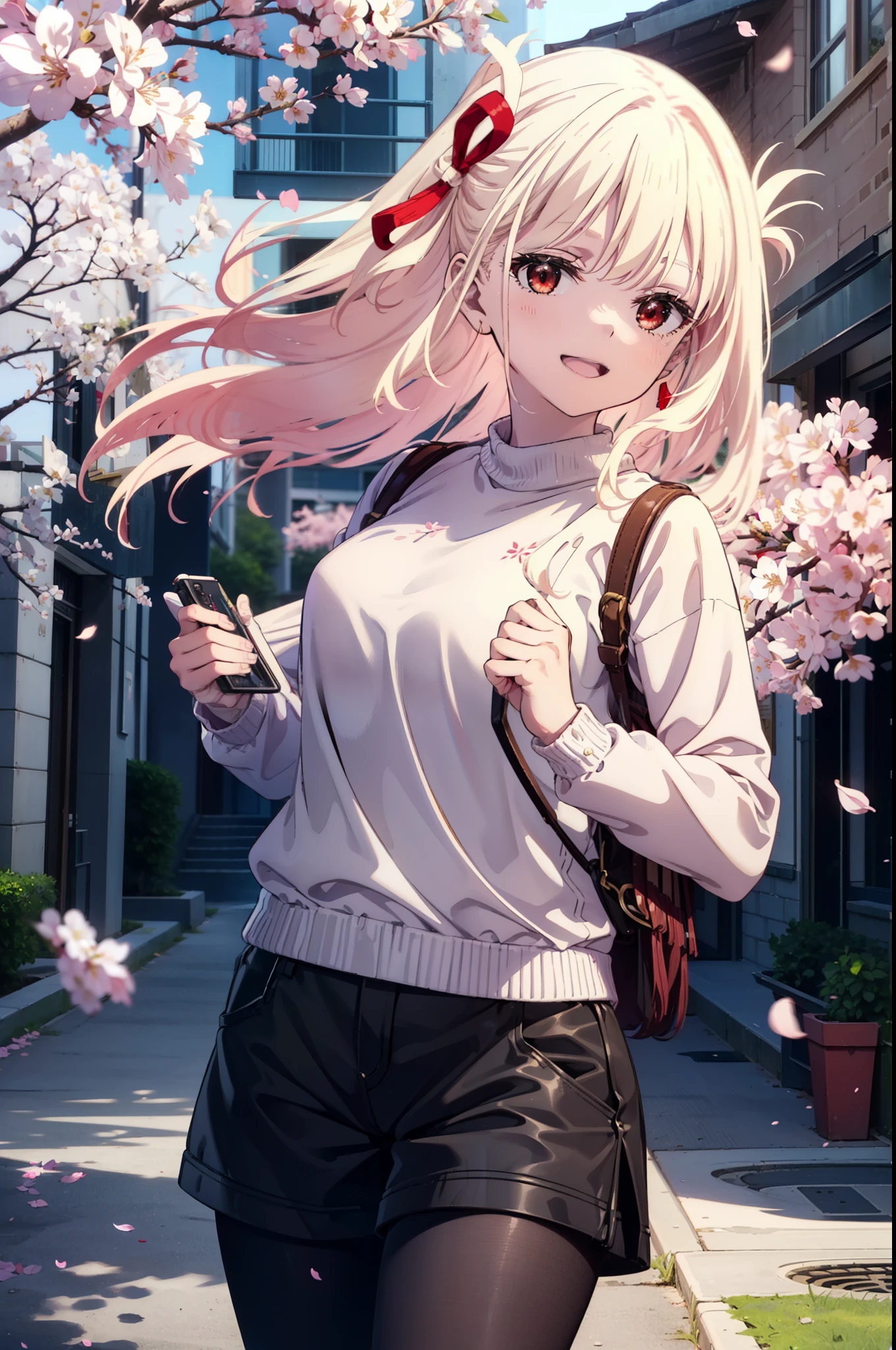 chisatonishikigi, Chisato Nishikigi, long hair, bangs, Blonde, (Red eyes:1.5), hair ribbon, happy smile, smile, Open your mouth,Red oversized sweater,Shorts,Black pantyhose,Mini Boots,Cherry blossoms are blooming,Cherry blossoms are scattered,Cherry blossom tree-lined path,
break outdoors, University School building,
break looking at viewer, (Cowboy Shot:1.5),
break (masterpiece:1.2), highest quality, High resolution, unity 8k wallpaper, (figure:0.8), (Beautiful fine details:1.6), Highly detailed face, Perfect lighting, Highly detailed CG, (Perfect hands, Perfect Anatomy),