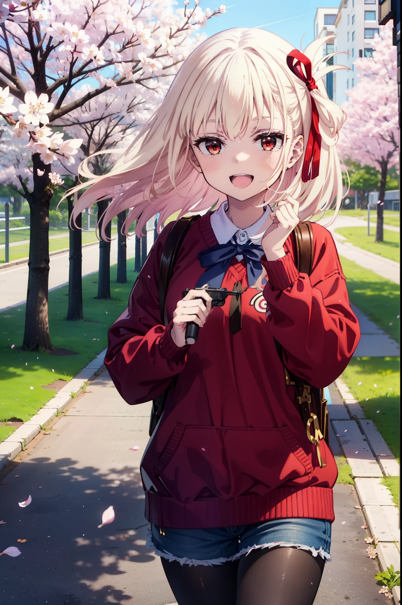 chisatonishikigi, Chisato Nishikigi, long hair, bangs, Blonde, (Red eyes:1.5), hair ribbon, happy smile, smile, Open your mouth,Red oversized sweater,Shorts,Black pantyhose,Mini Boots,Cherry blossoms are blooming,Cherry blossoms are scattered,Cherry blossom tree-lined path,
break outdoors, University　School building,
break looking at viewer, (Cowboy Shot:1.5),
break (masterpiece:1.2), highest quality, High resolution, unity 8k wallpaper, (figure:0.8), (Beautiful fine details:1.6), Highly detailed face, Perfect lighting, Highly detailed CG, (Perfect hands, Perfect Anatomy),