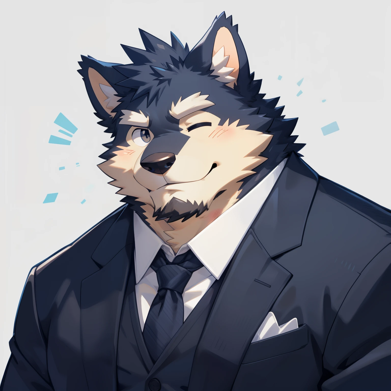 Scribble 德国牧羊dog face,Cute face,Humanity(dog),(Suit:1.3),Chubby,(white eyebrows:1.1),(With one eye closed:1.2),(perfect black eyes),Simple background, Blue Background,print style。(Artist:Takemoto Arashi)