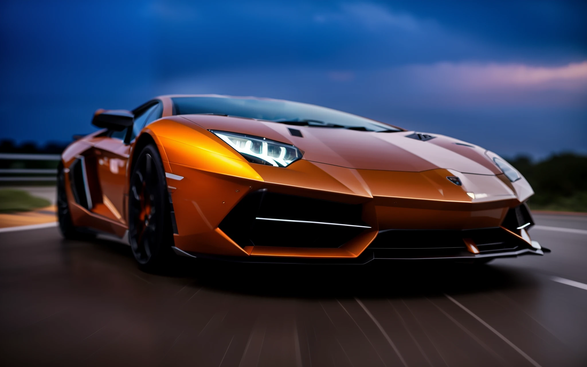 A lamborghini aventador S color black and orange the streets of city miami, Exquisite detail, taken with long exposure to capture the movement of cars and people,insane detail, , 8k, photography, Sony Alpha, Canon 5D, Fujifilm xt100