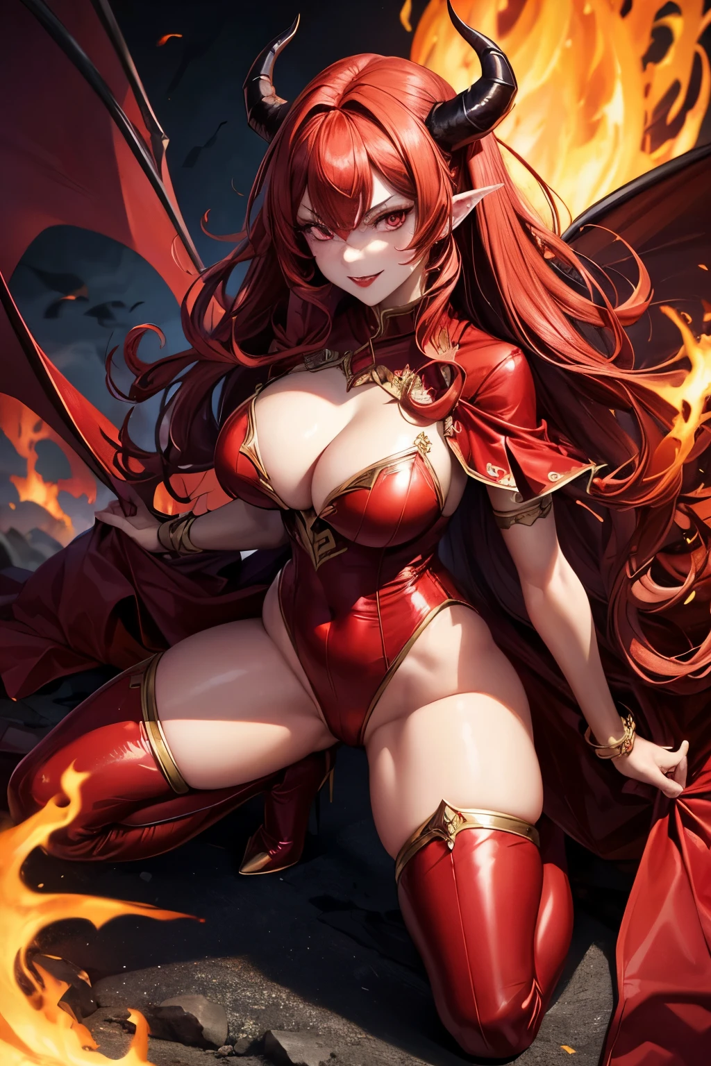(best quality, highres:1.5), 1 girl, devilish, seductive, sexy red outfit, fiery details, horns, long hair with curls, fiery red eyes, details in irises, sharp focus, HDR lighting, intense heat texture, smoky background, flowing red fabric, expressive lips, dimly lit, hellish landscape, demons, sultry pose, arms crossed, full body shot, skin tight bodice, revealing cleavage, red horned tiara, fiery aura, devilish grin, red lipstick, trailing red scarf, fire and brimstone, fiery red heels, horned accessories, mesmerizing, fiery