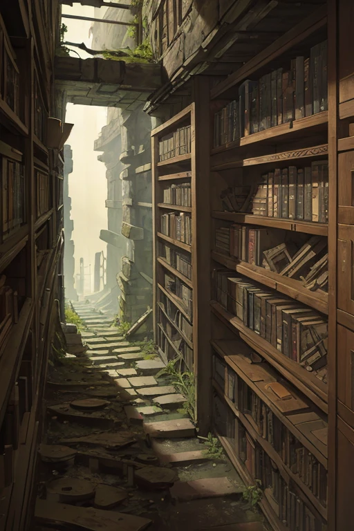 a dark long narrow vertical stone well covered with shelves, ((ancient scrolls)) on the shelves, old, delapidated, ruin, frog perspective