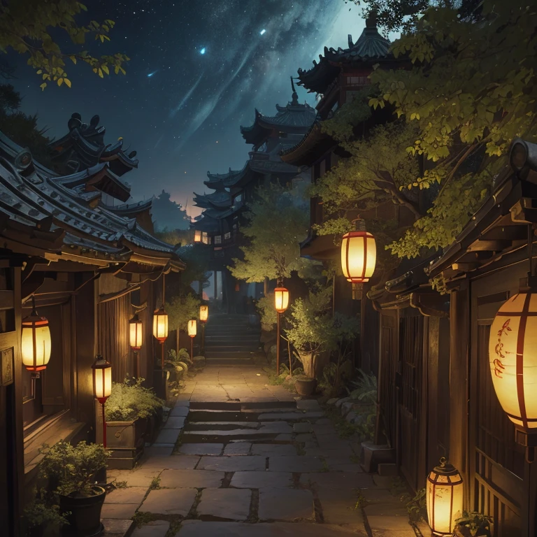 Official art, Ancient China, Old streets, (Lots of fireflies), (a night), (Qamar), Lights, Beautiful landscapes, Epic landscapes, Realistic lighting, masterpieces, High quality, beautiful drawings, High detail, Global illumination, Introducing Unreal Engine, Embodiment of octane, (Human development report:1.3)