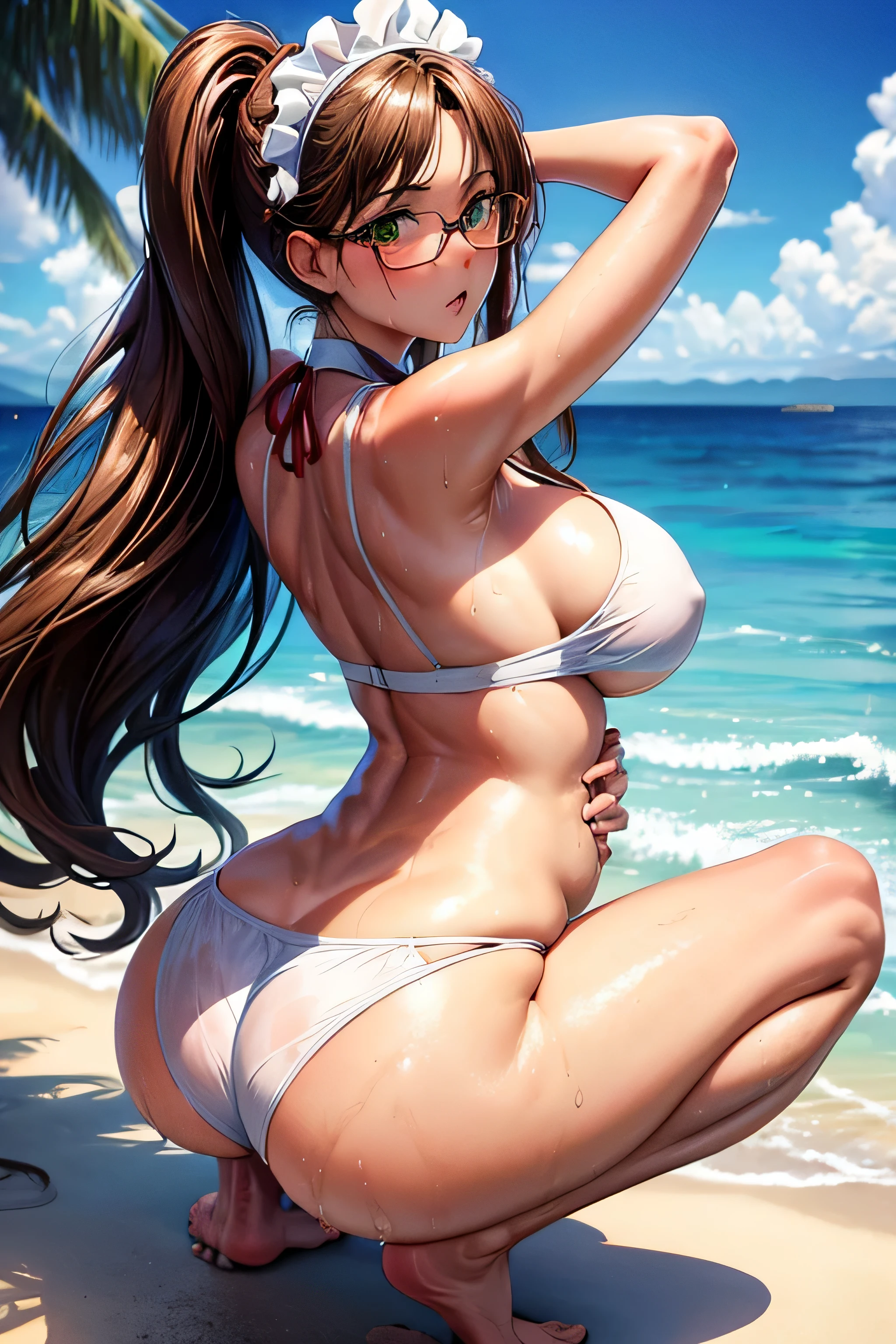 High resolution, high quality, 1 girl, Anime Girls, [[During pregnancy]], Brown long hair, Brown eyes, Green glasses, Sunburned skin, big breasts, (Big Ass),Beautiful ass,sweat,wet,highleg waitress,(bottomless),(bottomless),arms behind head,squatting,open legs,(water),at Beach,