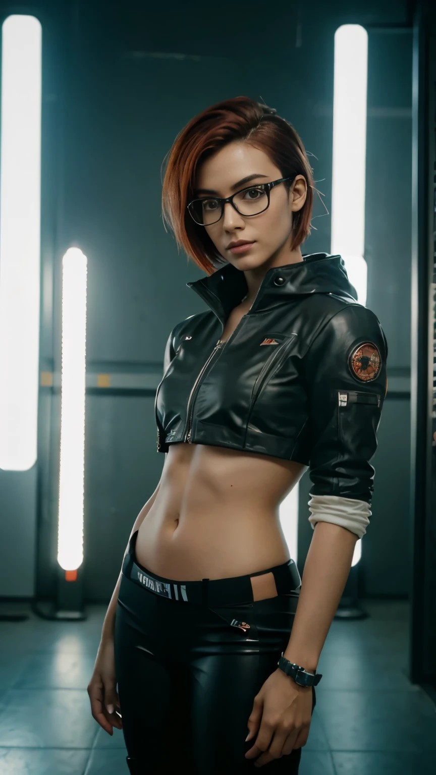 Full-body view, Looking at camera, Foto RAW,((jaqueta preta estilo cyberpunk:1.2)), ((retrato)), Android robot woman with short red hair, 30 years old with large glasses with modern aviator style design, olhos castanhos escuro, olhos perfeitos, ((fundo branco:1.2)), studio lighting, alta qualidade, filmic grain, Fujifilm XT3, Centralizado