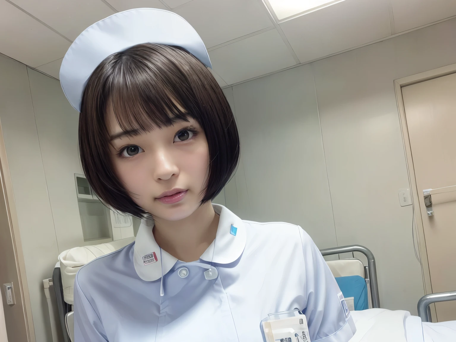 1 girl,(Wearing white nurse clothes:1.2),(Raw photo, highest quality), (Realistic, photo-Realistic:1.4), masterpiece, Very delicate and beautiful, very detailed, 2k wallpaper, wonderful, finely, very detailed CG unity 8k wallpaper, Very detailed, High resolution, Soft Light, Beautiful detailed girl, very detailed eyes and face, Beautifully detailed nose, finely beautiful eyes, nurse, Perfect Anatomy, Black Hair, Upstyle, nurse uniform, ((nurse cap)), Long skirt, nurse, White costume, thin, hospital, clear, White uniform, hospital room, Neck auscultation, Short Hair, ((fluffy bob cut)), ((head shot))