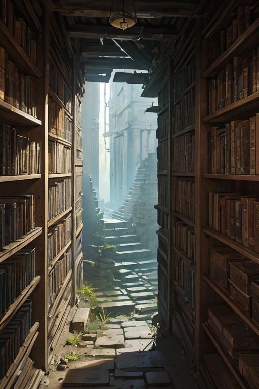 a dark long narrow vertical stone well covered with shelves, ((ancient magical scrolls)) on the shelves, old, delapidated, ruin, low POV, looking up