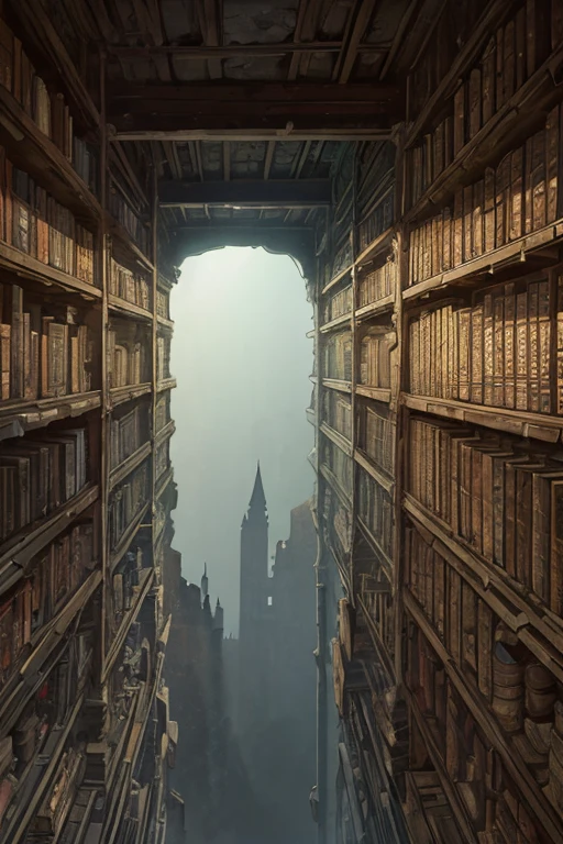 a dark long narrow vertical stone well, ((shelves with ancient magical scrolls)) on the shelves, old, delapidated, ruin, low POV, looking up
