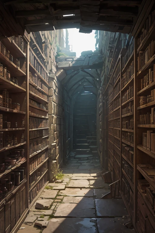 a dark long narrow vertical stone well, ((shelves with ancient magical scrolls)) on the shelves, old, delapidated, ruin, low POV, looking up