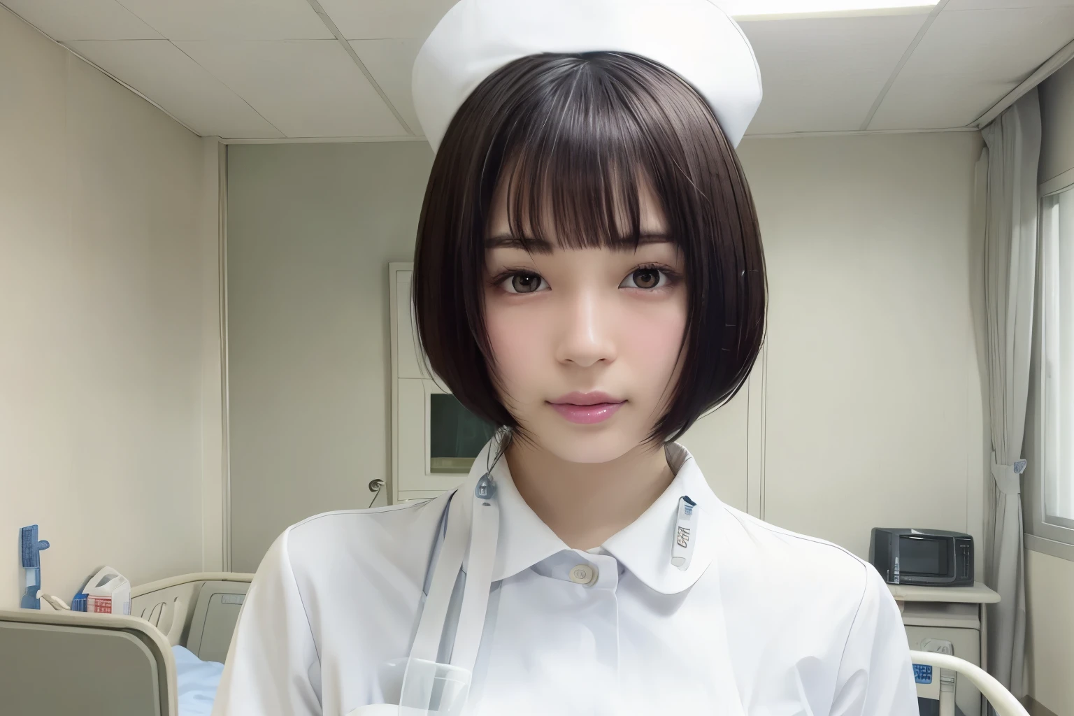 1 girl,(Wearing white nurse clothes:1.2),(Raw photo, highest quality), (Realistic, photo-Realistic:1.4), masterpiece, Very delicate and beautiful, very detailed, 2k wallpaper, wonderful, finely, very detailed CG unity 8k wallpaper, Very detailed, High resolution, Soft Light, Beautiful detailed girl, very detailed eyes and face, Beautifully detailed nose, finely beautiful eyes, nurse, Perfect Anatomy, Black Hair, Upstyle, nurse uniform, ((nurse cap)), Long skirt, nurse, White costume, thin, hospital, clear, White uniform, hospital room, Neck auscultation, Short Hair, ((fluffy bob cut)), 