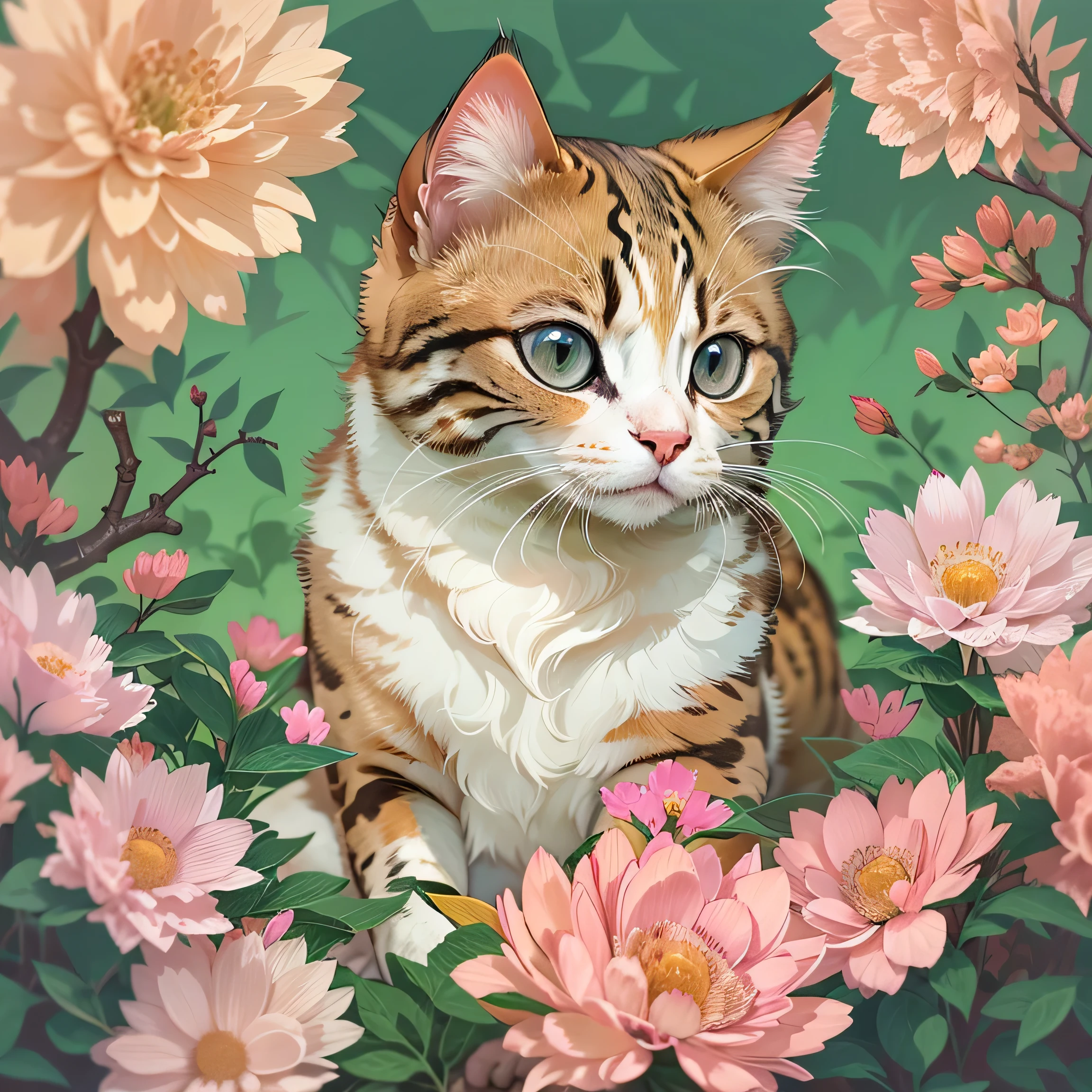 there is a Cat that is sitting in the flowers, In the style of digital illustration, Just a joke, In the Ukiyo-e art style, Highly detailed vector art, Lofi Art, a painting of a Cat, Cute and detailed digital art, Cat. Digital Painting, very high quality artwork, 4K Detailed Art, Exquisite digital illustrations, Cat portrait