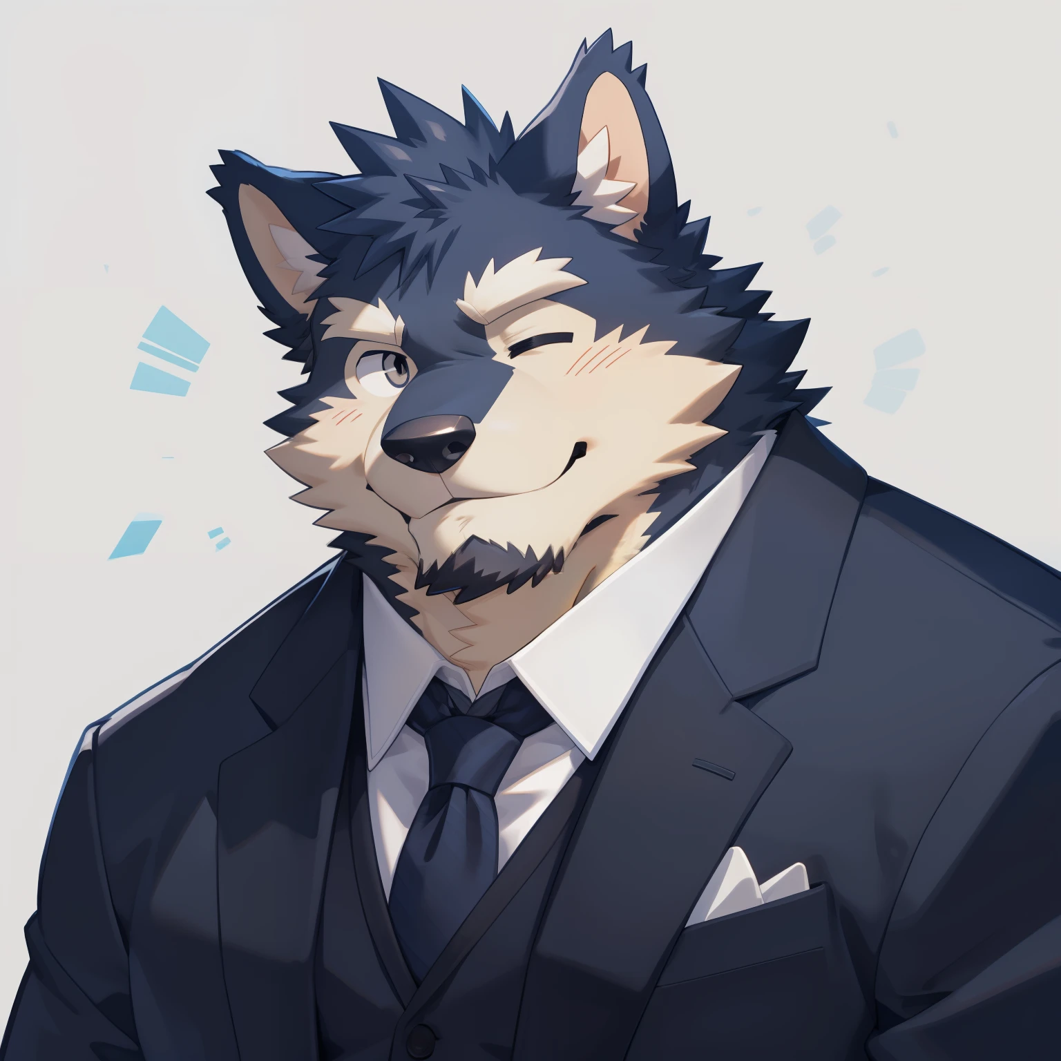 Scribble 德国牧羊dog face,Cute face,Humanity(dog),(Suit:1.3),Chubby,(white eyebrows:1.1),(With one eye closed:1.2),(perfect black eyes),Simple background, Blue Background,print style。(Artist:Takemoto Arashi)
