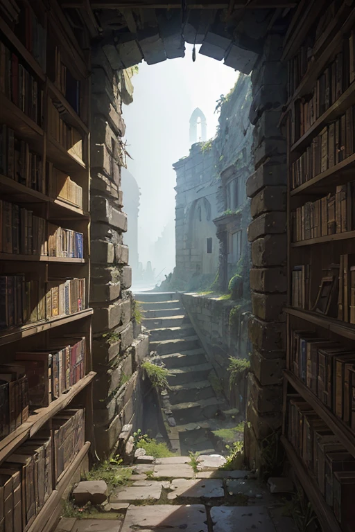 a dark long narrow vertical stone well, ((ancient magical scrolls)) on the shelves, old, delapidated, ruin, POV, looking up from a well