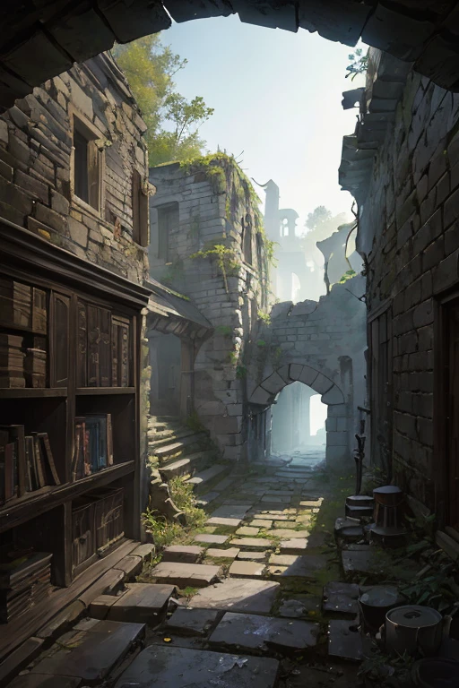 a dark long narrow vertical stone well, ((ancient magical scrolls)) on the shelves, old, delapidated, ruin, POV, looking up from a well
