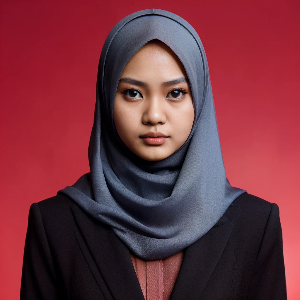a 22 year old Indonesian woman wearing a neat hijab facing straight ahead wearing a black suit, red background. original photo. detailed. complicated. very realistic formal photo