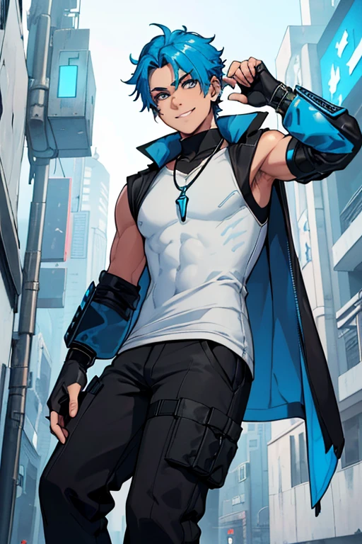 male, brownish tan short hair, blue eyes, (((1boy))), (((white sleeveless cyberpunk coat with blue trim))), (black long sleeve v-neck t-shirt), (necklace with dragon head pendant), (black pants with blue trim), (black white cybernetic boots), (black fingerless gloves), long legs, smiling, single person