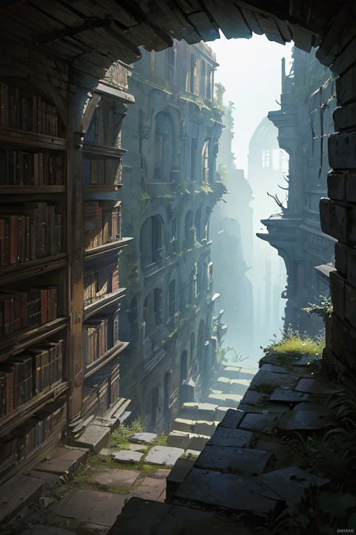 a dark long narrow vertical stone well, ((ancient magical scrolls)) on the shelves, old, delapidated, ruin, POV, looking up from a well, lit by wisps