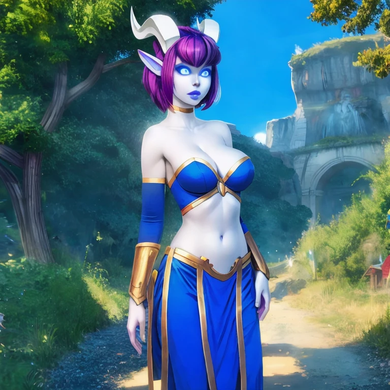 (masterpiece, best quality:1.2), 1girl, solo, white horns, draenei, blue eyes, glowing eyes, blue lips, purple hair, short hair, pointy ears, Monara, medium breasts, wearing blue clothes, outdoor, drawing, draenei tendrils