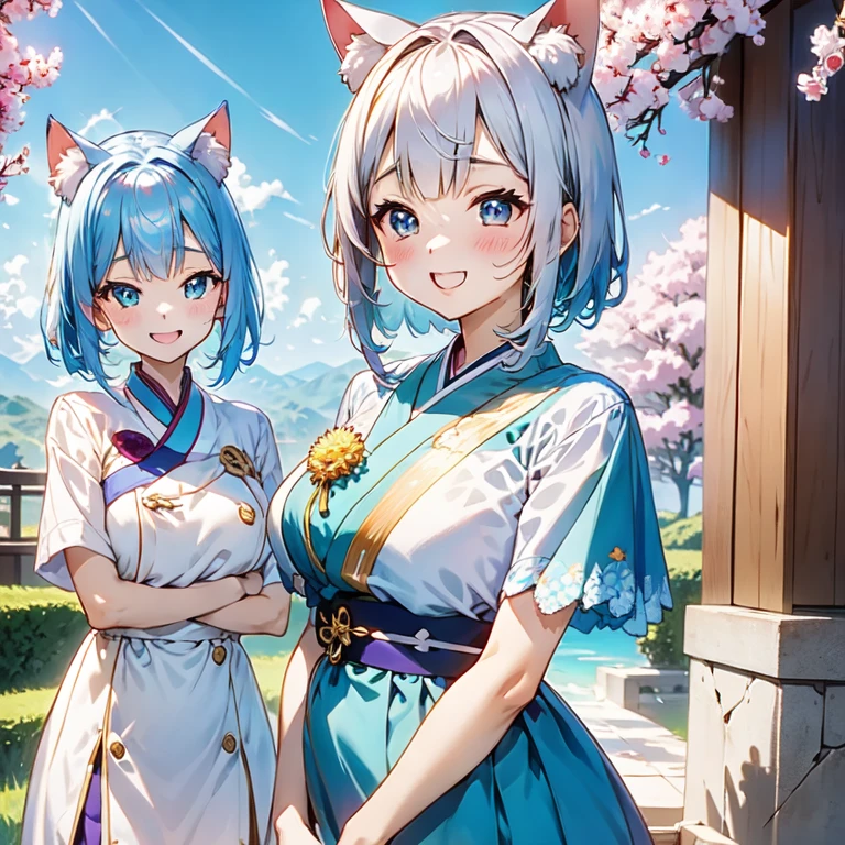 ((最高品質))、((傑作))、(詳細)、((soro girl)),masterpiece,best quality, high quality,ulutra detailed,完璧な顔立ち、女の子、背が低い、猫耳があり、銀色のボブヘア。