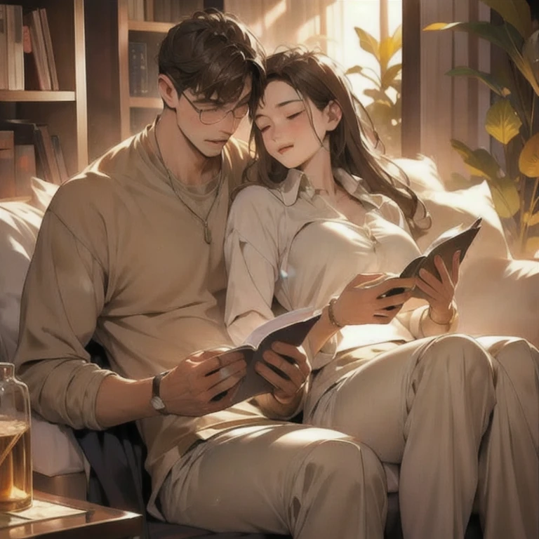 (masterpiece, best quality:1.2), a men is holding a girlwhile reading book, the girl is sitting in his lap, cozy, comfortable, romantic, romantic scenery, cinematic lighting, kissing scene, cinematic scenery, sunlight, romantic, soft light, wallpaper, expanding landscape, 1girl, 1men, full body