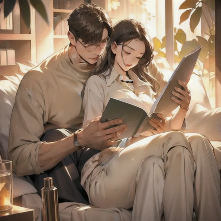 (masterpiece, best quality:1.2), a men is holding a girlwhile reading book, the girl is sitting in his lap, cozy, comfortable, romantic, romantic scenery, cinematic lighting, kissing scene, cinematic scenery, sunlight, romantic, soft light, wallpaper, expanding landscape, 1girl, 1men, full body