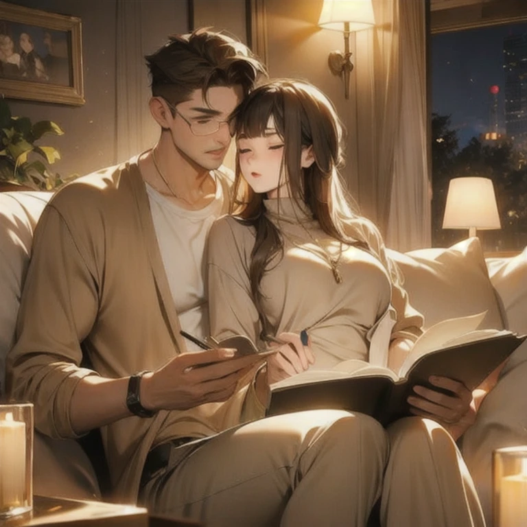 (masterpiece, best quality:1.2), a men is holding a girlwhile reading book, the girl is sitting in his lap, cozy, comfortable, romantic, romantic scenery, cinematic lighting, kissing scene, cinematic scenery, sunlight, romantic, soft light, wallpaper, expanding landscape, 1girl, 1men, full body