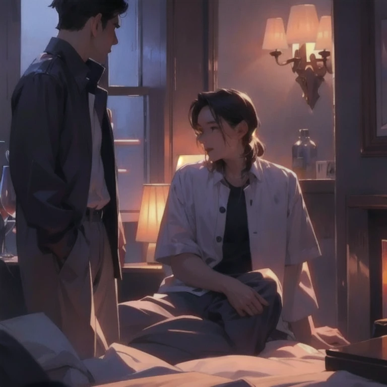 (masterpiece, best quality:1.2), a men and a girl are confiding to each other at late night, the men is laying his face on girl neck, the men is looking at the girl gently and bewitchingly, the girl is talking with the men, cozy room, late night talk, dim room, romantic scenery, cinematic lighting, cinematic scenery, romantic, soft light, wallpaper, expanding landscape, 1girl, 1men, full body