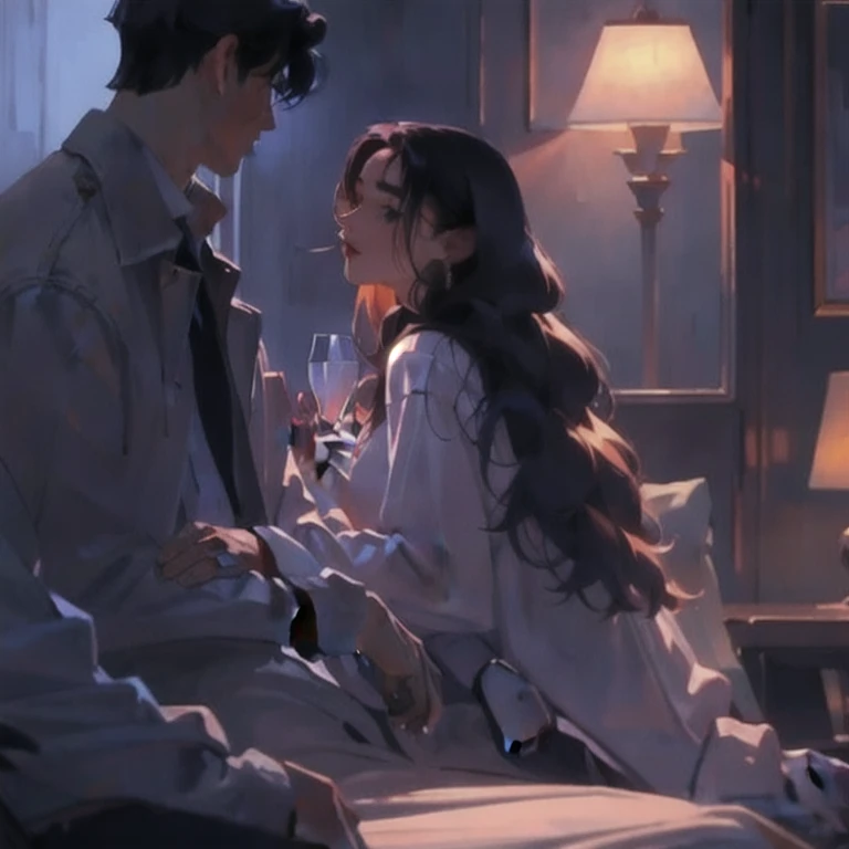 (masterpiece, best quality:1.2), a men and a girl are confiding to each other at late night, the men is laying his face on girl neck, the men is looking at the girl gently and bewitchingly, the girl is talking with the men, cozy room, late night talk, dim room, romantic scenery, cinematic lighting, cinematic scenery, romantic, soft light, wallpaper, expanding landscape, 1girl, 1men, full body